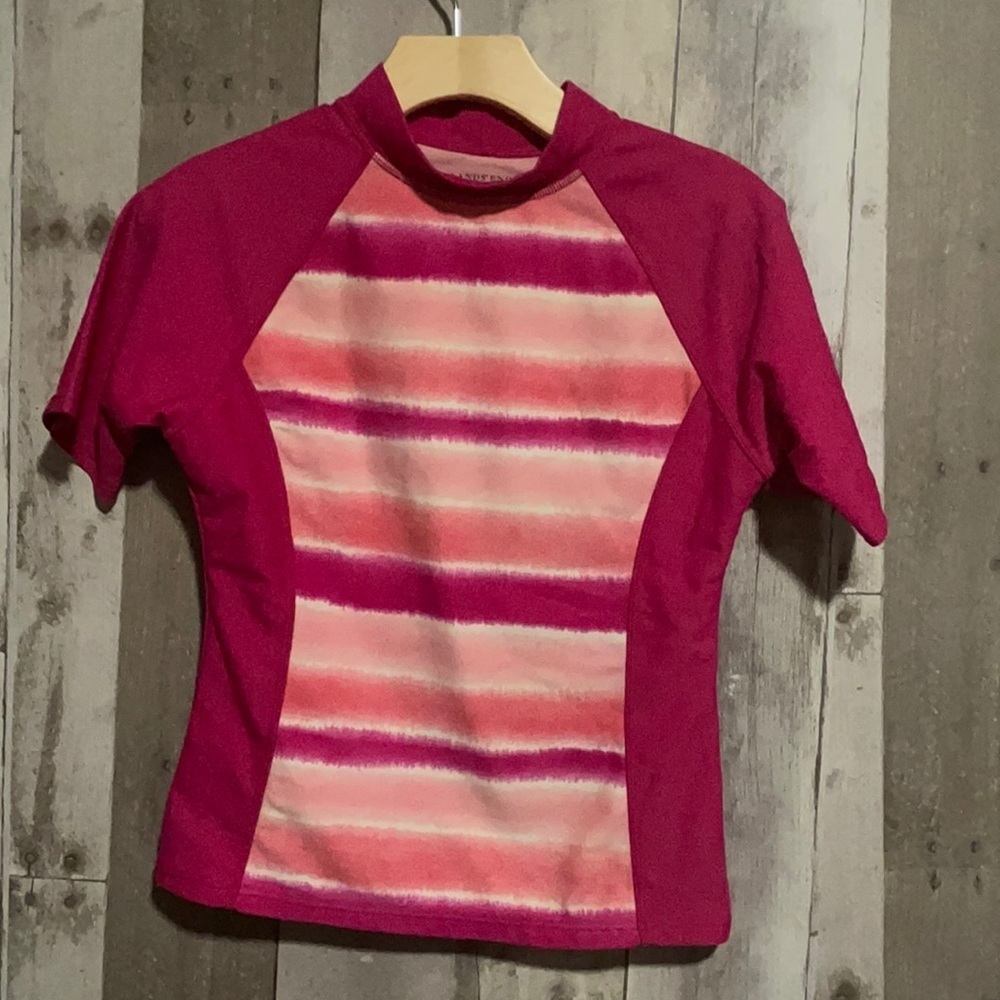 Lands’ End Short Sleeve Pink Stripe Rashguard 7/8